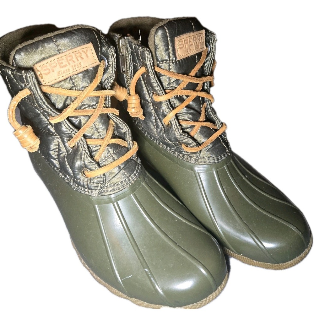 Sperry Women's Saltwater Quilted Duck Boots Sz 7 olive green waterproof traction